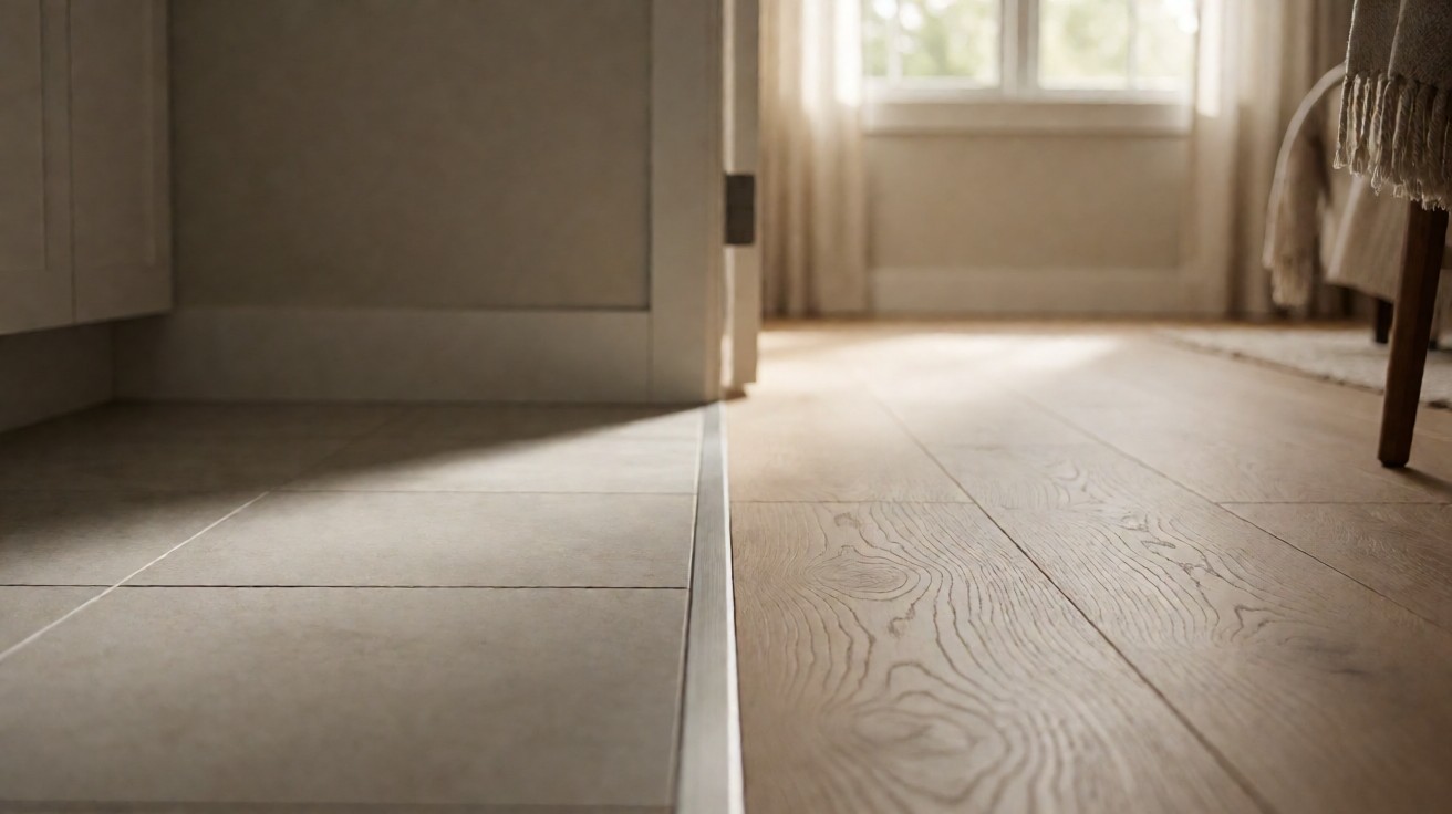 A slim metal threshold strip at a doorway between a grey tile floor and a wood floor, both level