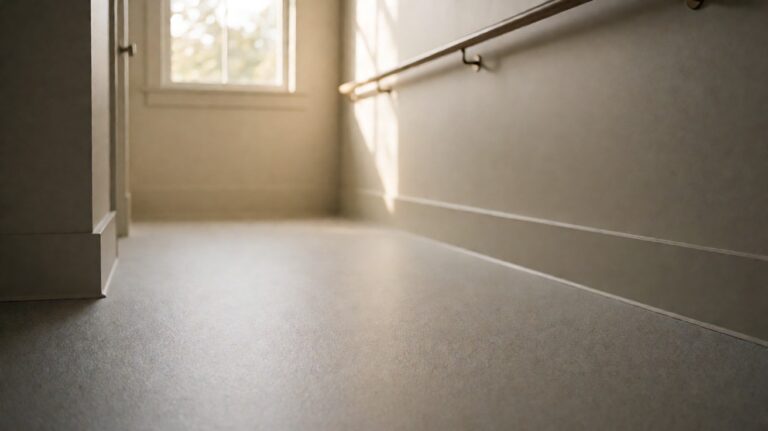 A hallway with a matte finely textured grey floor and a wall-mounted wooden handrail
