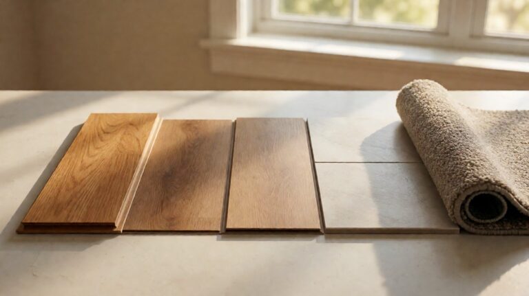 Five flooring samples laid side by side including hardwood, vinyl plank, laminate, porcelain tile, and carpet for comparison