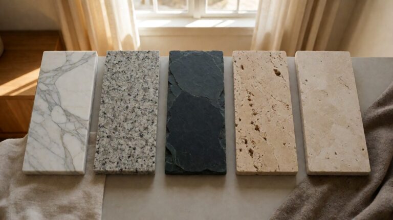 Five natural stone floor swatches in a row: marble, granite, slate, travertine, limestone