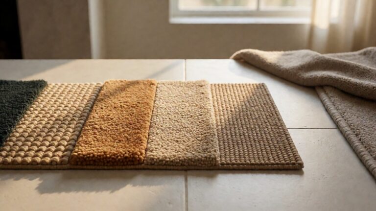 Four carpet samples showing different pile styles: loop, cut, frieze, and textured