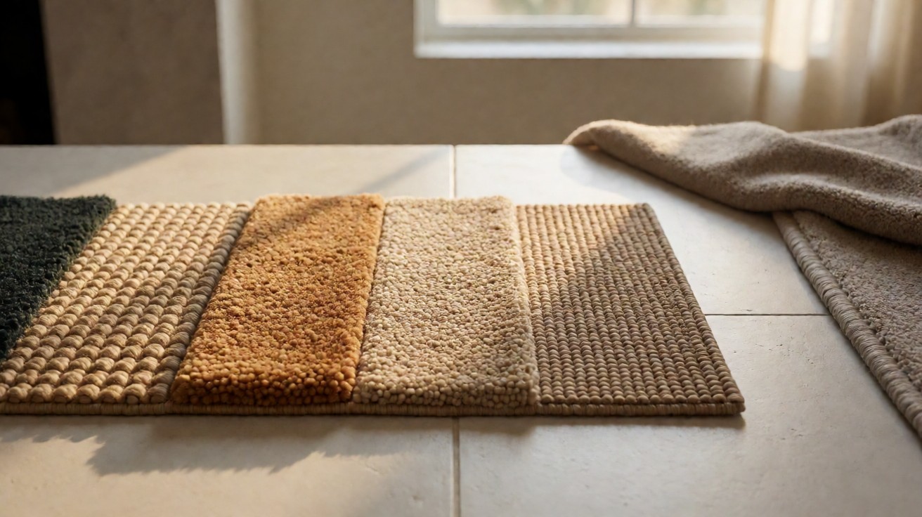 Four carpet samples showing different pile styles: loop, cut, frieze, and textured