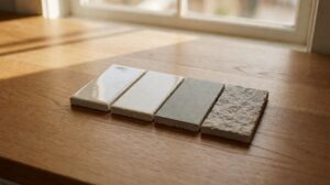 Four stone tile samples showing glossy, satin, matte, and textured surface finishes