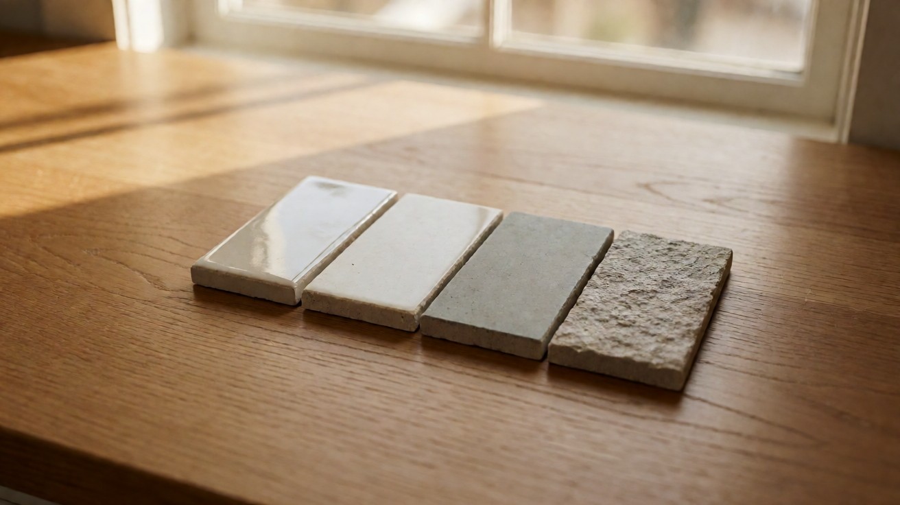 Four stone tile samples showing glossy, satin, matte, and textured surface finishes