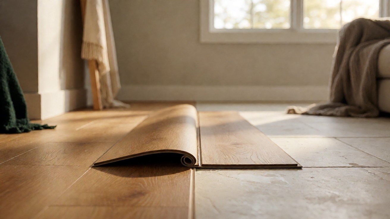 A click-lock vinyl plank folding to snap together beside a glue-down plank with adhesive