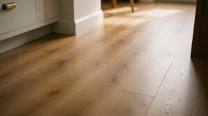 Installed laminate wood flooring in a sunlit modern kitchen with warm honey-toned planks visible from living area