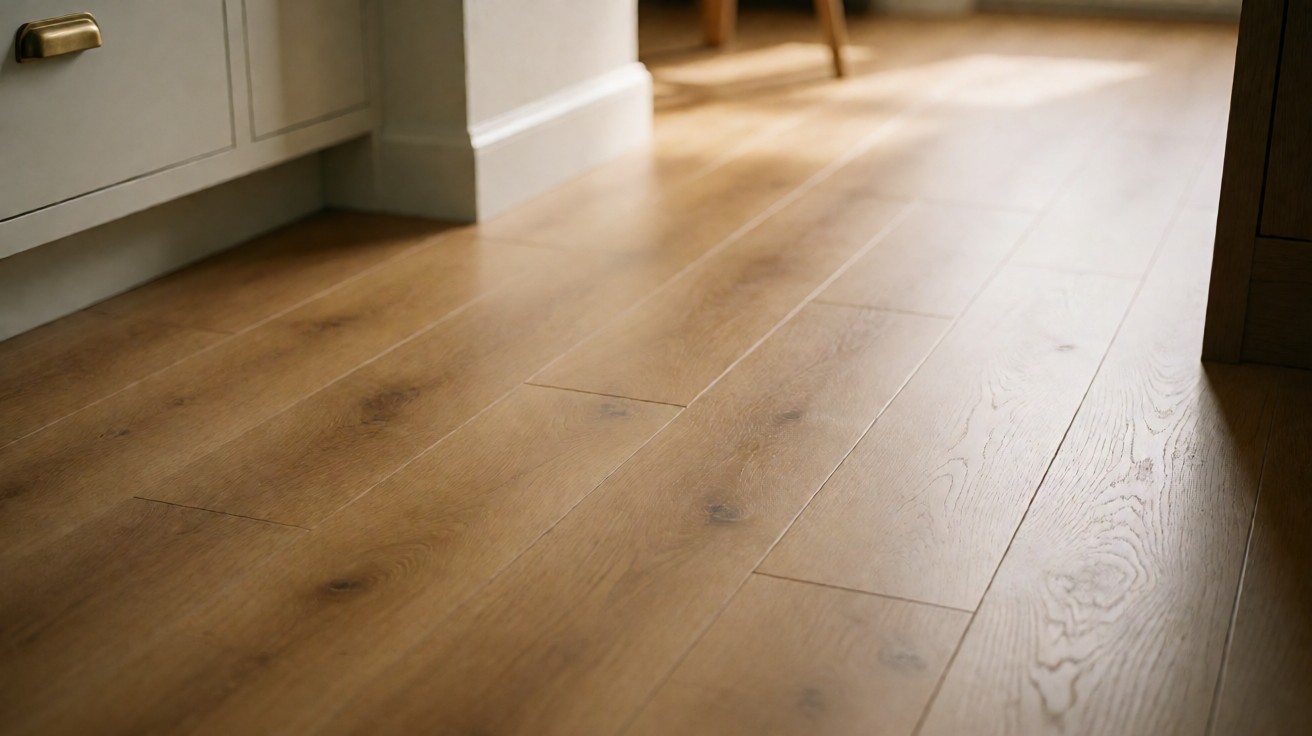 Installed laminate wood flooring in a sunlit modern kitchen with warm honey-toned planks visible from living area