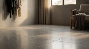 Polished concrete floor throughout a modern grey residential loft interior