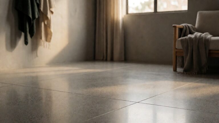 Polished concrete floor throughout a modern grey residential loft interior