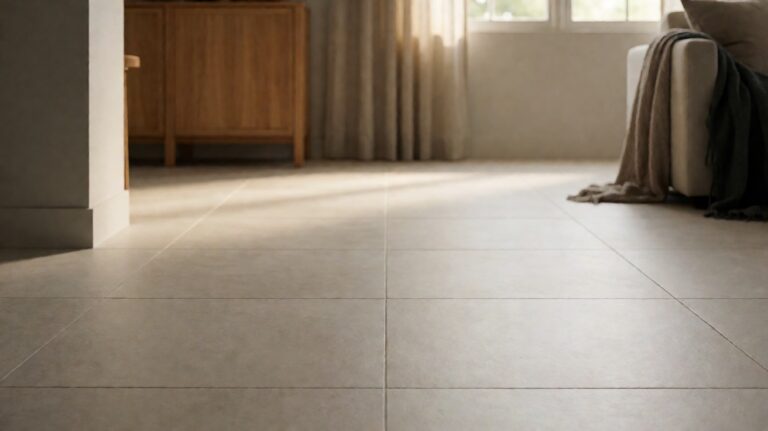 Large-format porcelain tile slabs installed in a residential living room