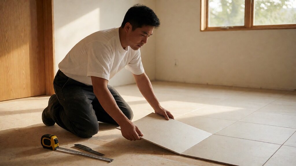 Installer fitting a loose-lay vinyl sheet into position on a prepared subfloor