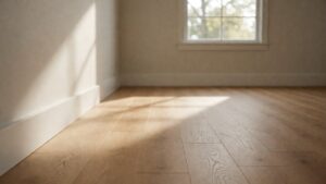 Newly installed loose-lay vinyl plank floor in a sunlit living room