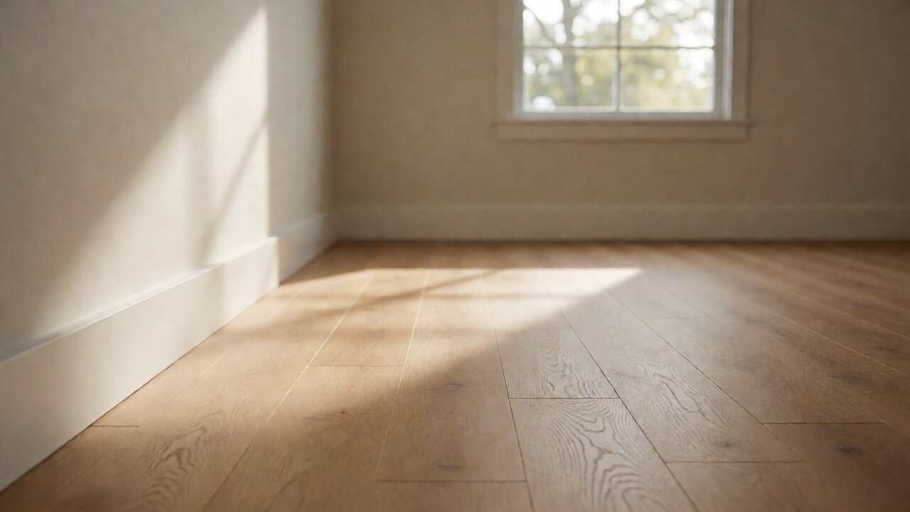 Newly installed loose-lay vinyl plank floor in a sunlit living room
