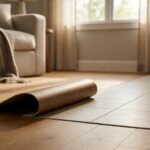 Loose-lay vinyl sheet flooring rolled back to reveal the adhesive-free floor underneath