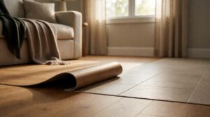 Loose-lay vinyl sheet flooring rolled back to reveal the adhesive-free floor underneath