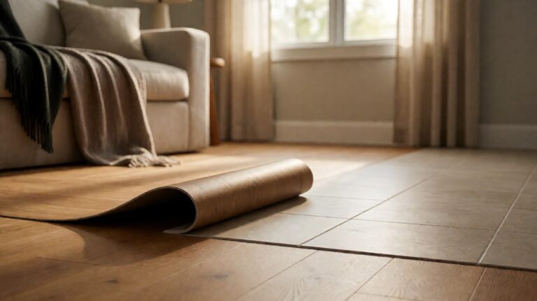 Loose-lay vinyl sheet flooring rolled back to reveal the adhesive-free floor underneath