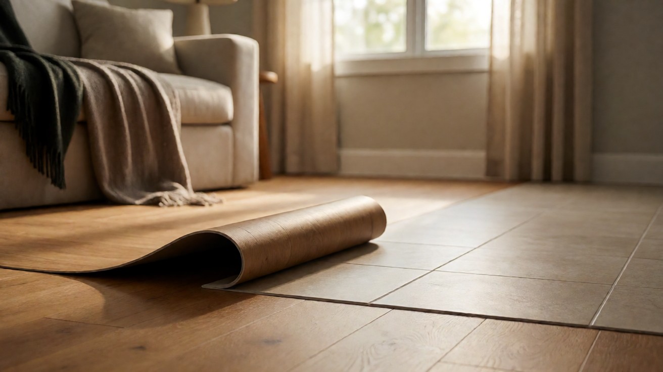 Loose-lay vinyl sheet flooring rolled back to reveal the adhesive-free floor underneath