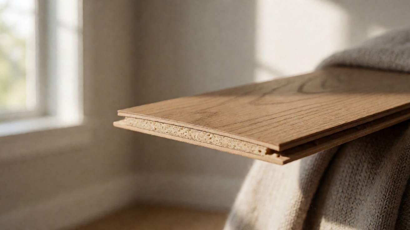 Cut edge of a multi-layer flooring plank showing wear layer and composite core