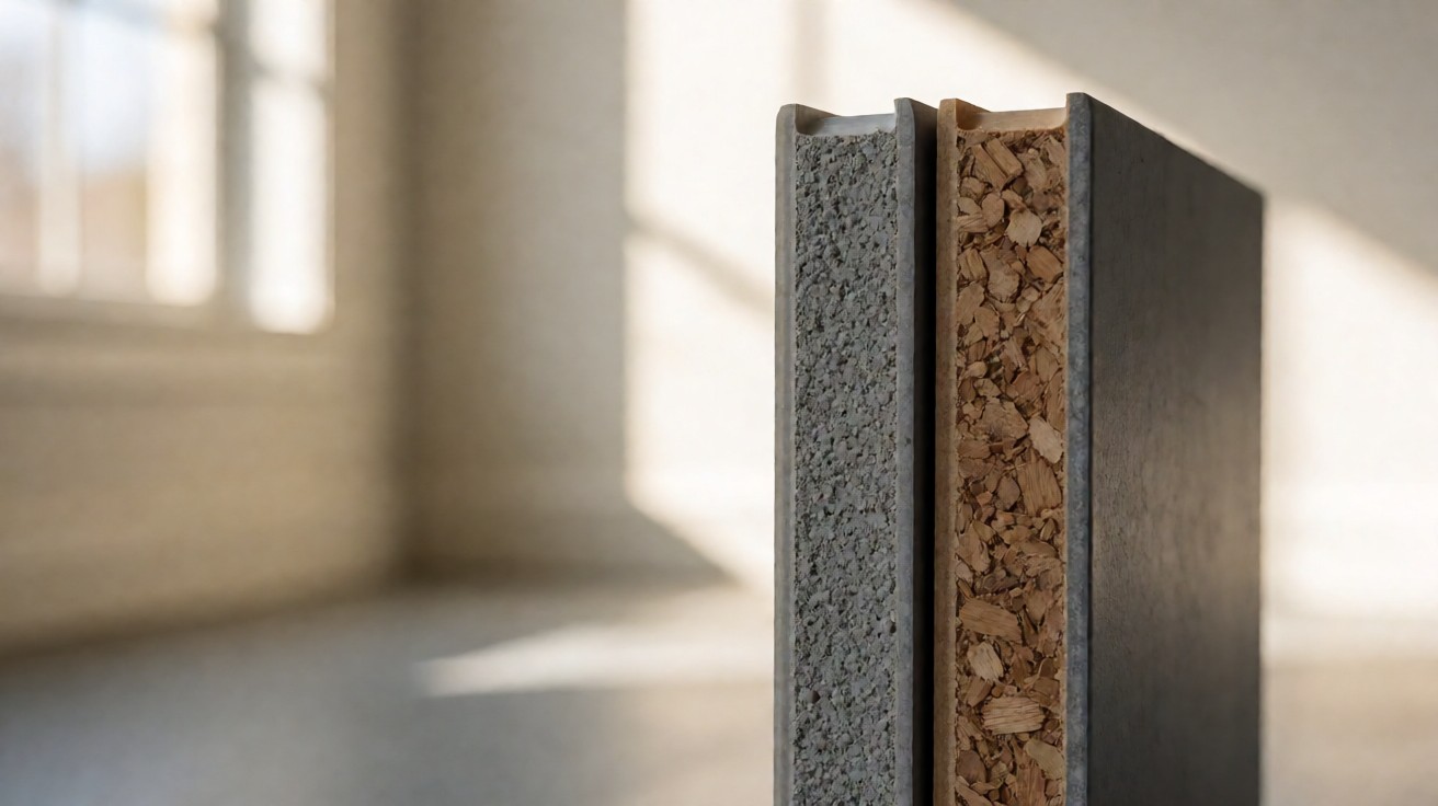 Cross-section of two rigid vinyl planks showing a stone core beside a wood plastic core