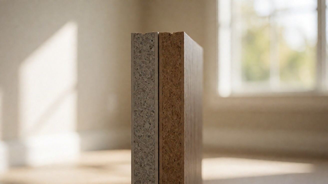 Cross-section of a rigid core vinyl plank beside a laminate plank showing core and overlay thickness