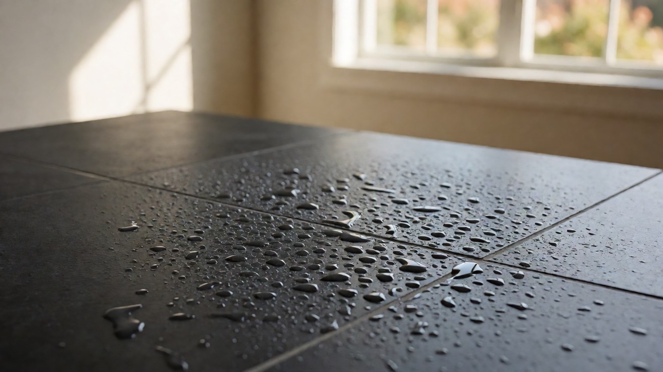 Water droplets beaded on a non-porous porcelain tile surface