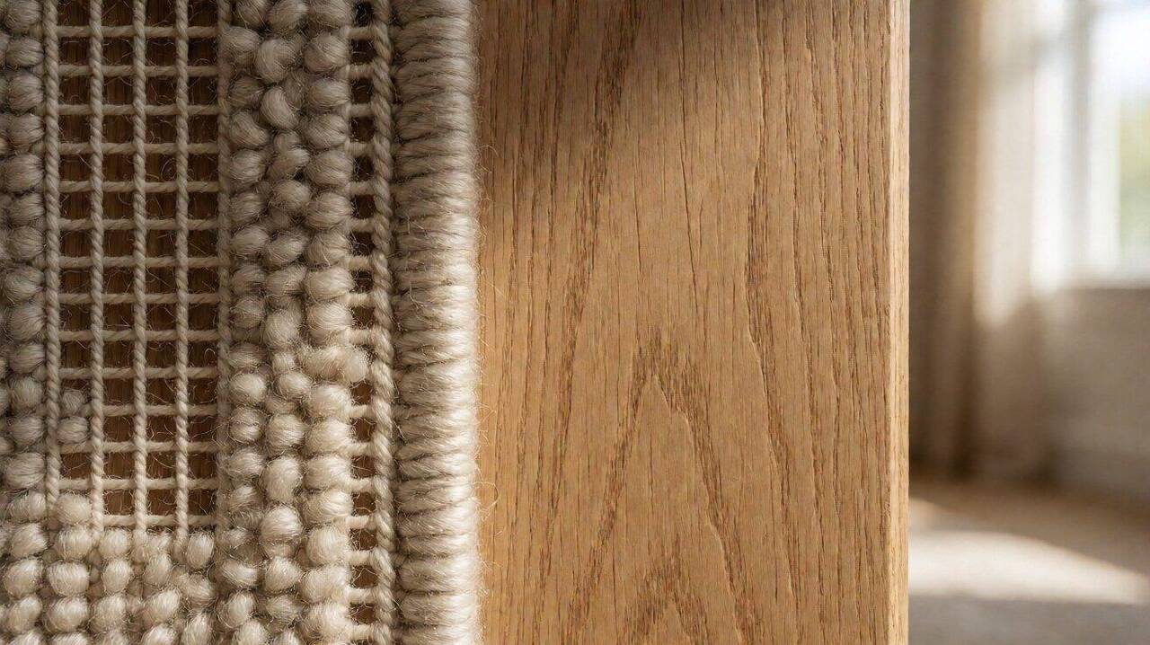 Carpet backing and cut pile tufts beside a solid oak plank surface