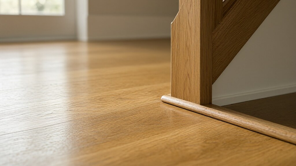 Oak plank floor meeting a stair stringer with edge trim