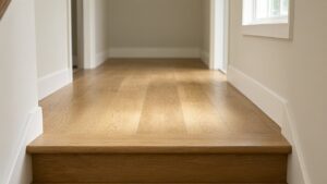 Oak plank flooring on an upstairs landing ending at the stair nosing