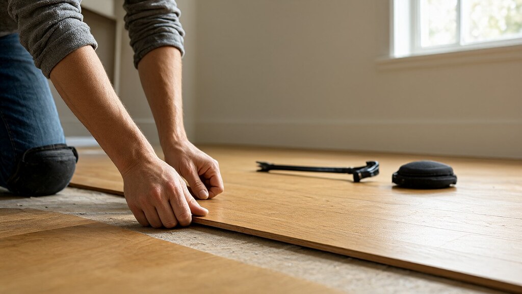 Installer pressing the final plank into an oak plank floor