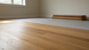 Living room mid installation with plank flooring half laid over subfloor
