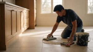 Installer grouting a large beige porcelain tile kitchen floor with a rubber float
