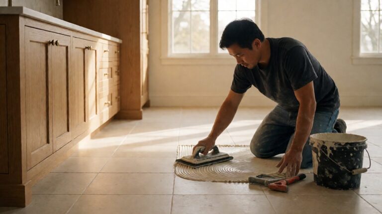 Installer grouting a large beige porcelain tile kitchen floor with a rubber float