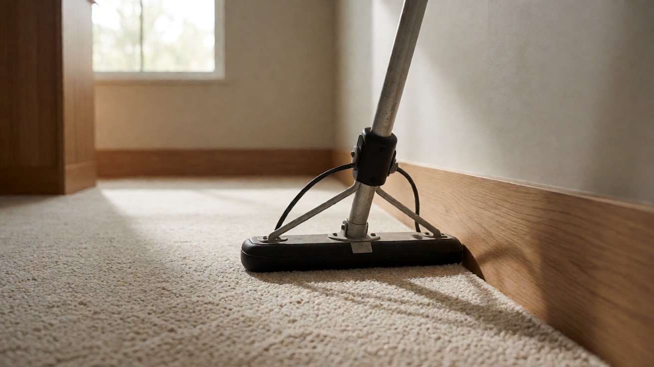 Power stretcher head pulling beige carpet tight against a baseboard