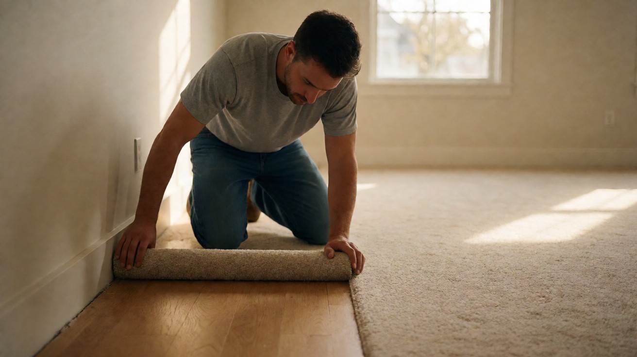 Installer unrolling beige broadloom carpet across a bare wood subfloor