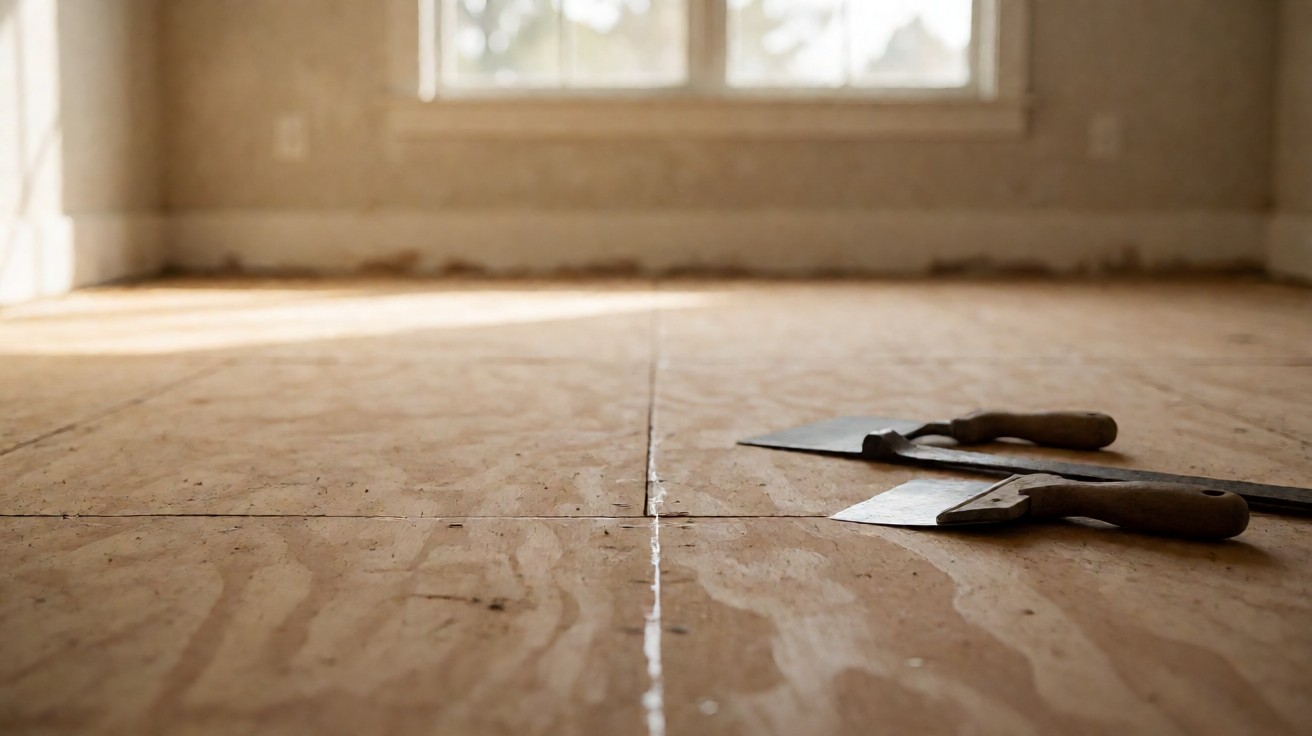 Bare plywood subfloor with scraper and pry bar in a stripped room
