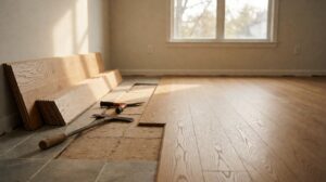 Old floor removed to expose subfloor beside new oak plank flooring