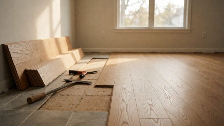 Old floor removed to expose subfloor beside new oak plank flooring