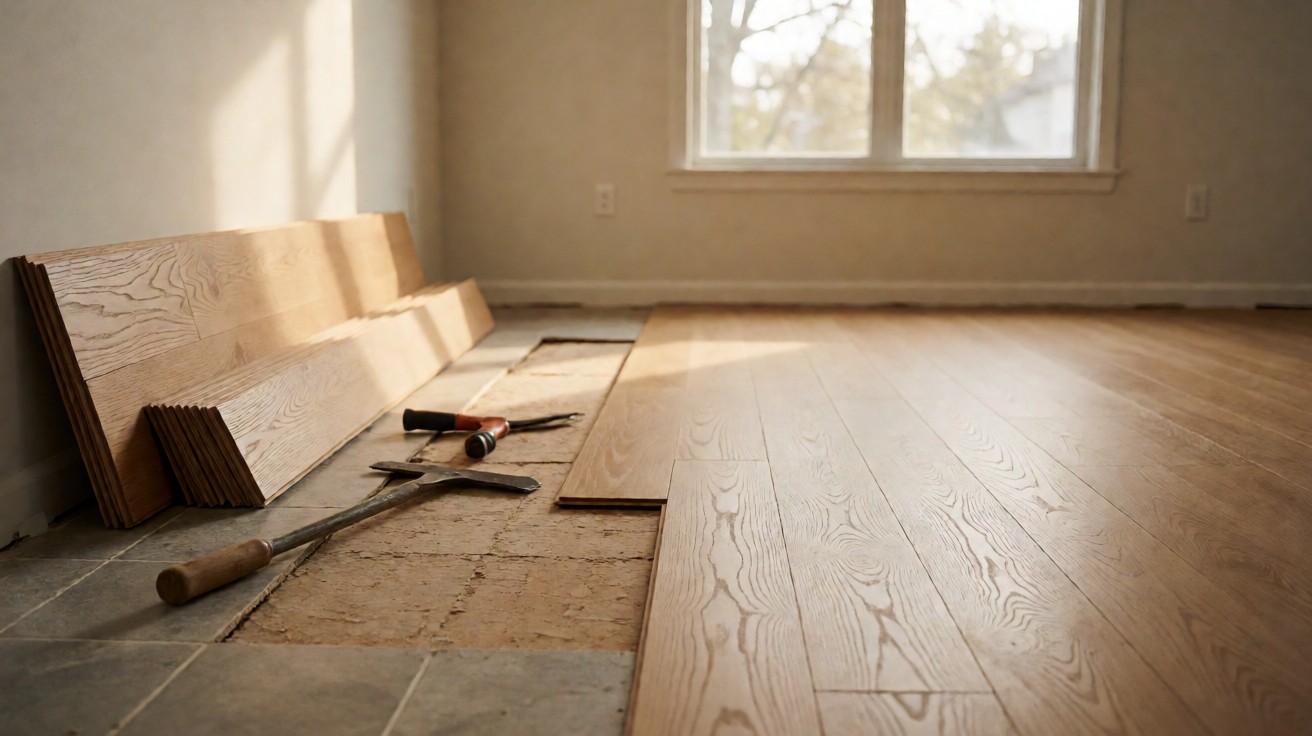 Old floor removed to expose subfloor beside new oak plank flooring