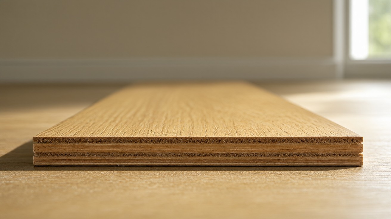 Cut edge of an engineered wood plank showing stacked plywood plies under a thin wear layer