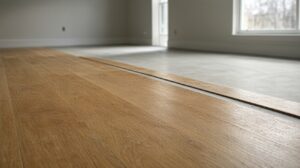 Empty living room with wide oak plank flooring and an unfinished strip of subfloor along the far wall