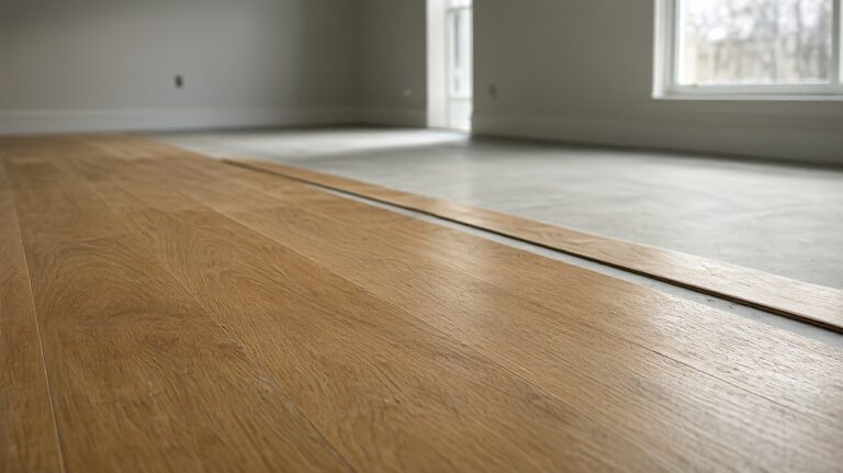 Empty living room with wide oak plank flooring and an unfinished strip of subfloor along the far wall