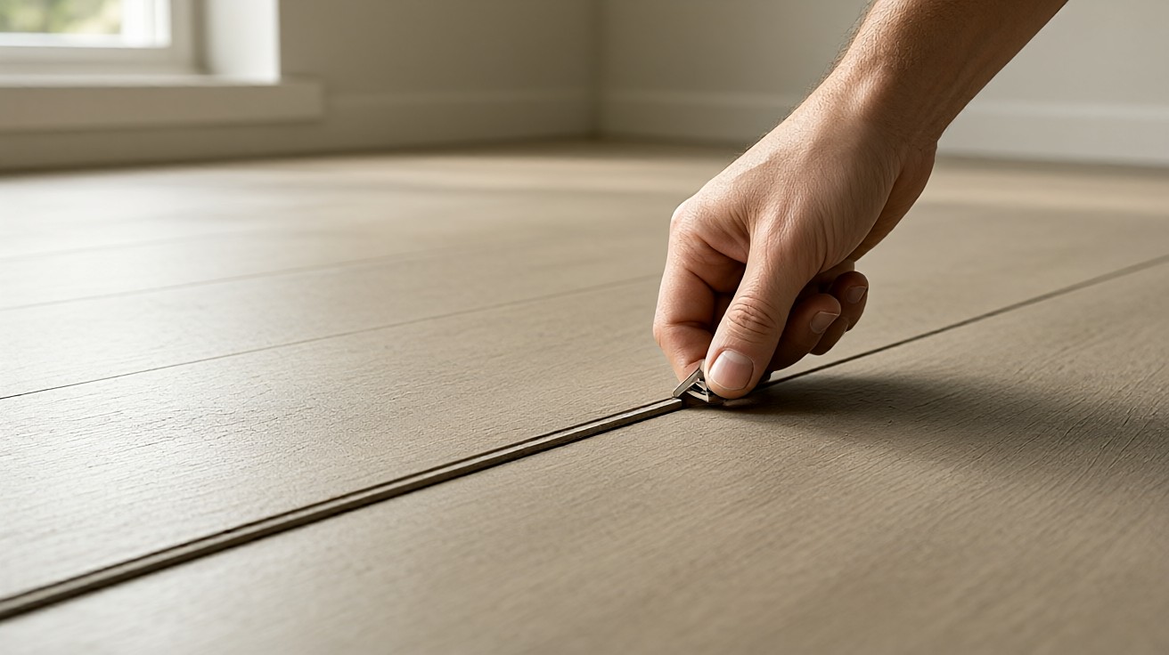 Hand seating a locking seam between two rigid vinyl planks with a small metal tool
