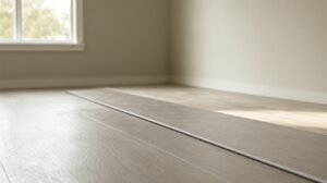 Empty room with grey-beige rigid vinyl plank flooring and loose planks laid along one wall