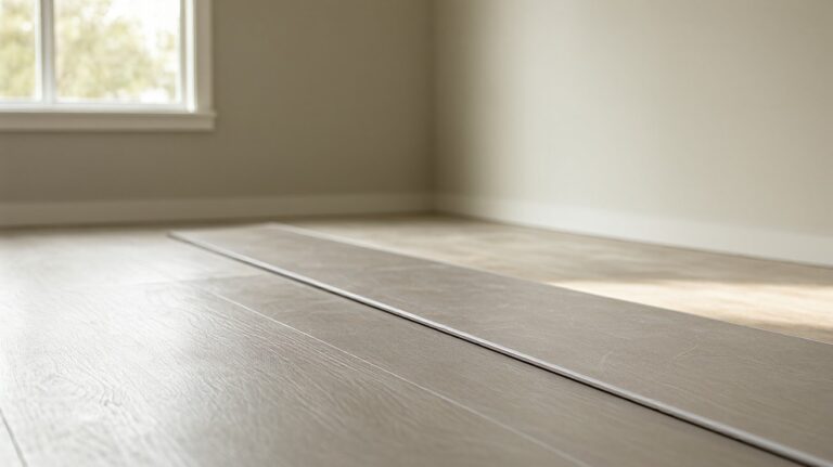 Empty room with grey-beige rigid vinyl plank flooring and loose planks laid along one wall
