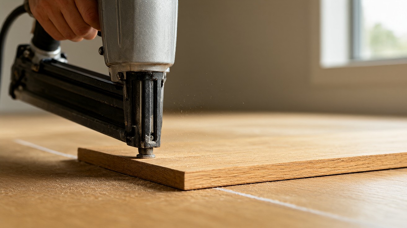 Pneumatic nailer fastening an oak plank to a subfloor along a chalk line