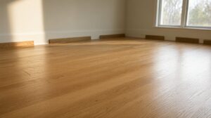 Empty room with warm oak strip flooring and removed baseboards leaning against the wall