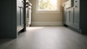 Light grey synthetic vinyl plank flooring in a modern kitchen, not wood