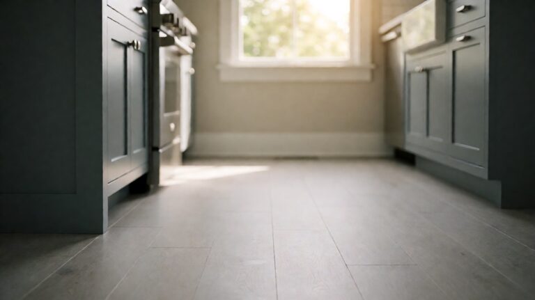 Light grey synthetic vinyl plank flooring in a modern kitchen, not wood