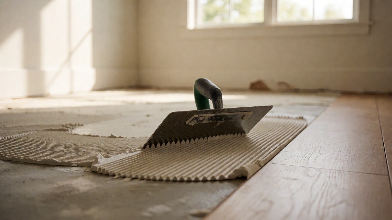 Notched trowel spreading adhesive in parallel ridges on a concrete subfloor for glue-down vinyl