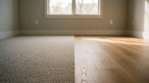 A room split between a cut pile carpet floor and a solid oak plank floor